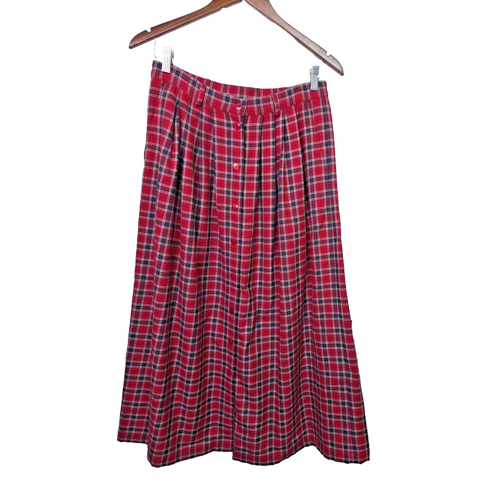 Vintage Susan Bristol Red Tartan Plaid Midi A-Line Skirt Women 10 Button Pleat